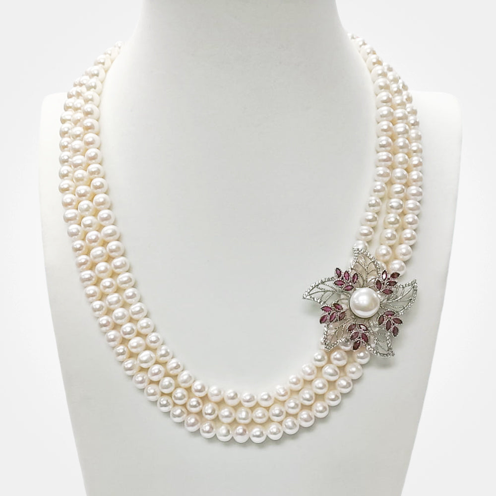 Three Strand Pearls with Flower Necklace