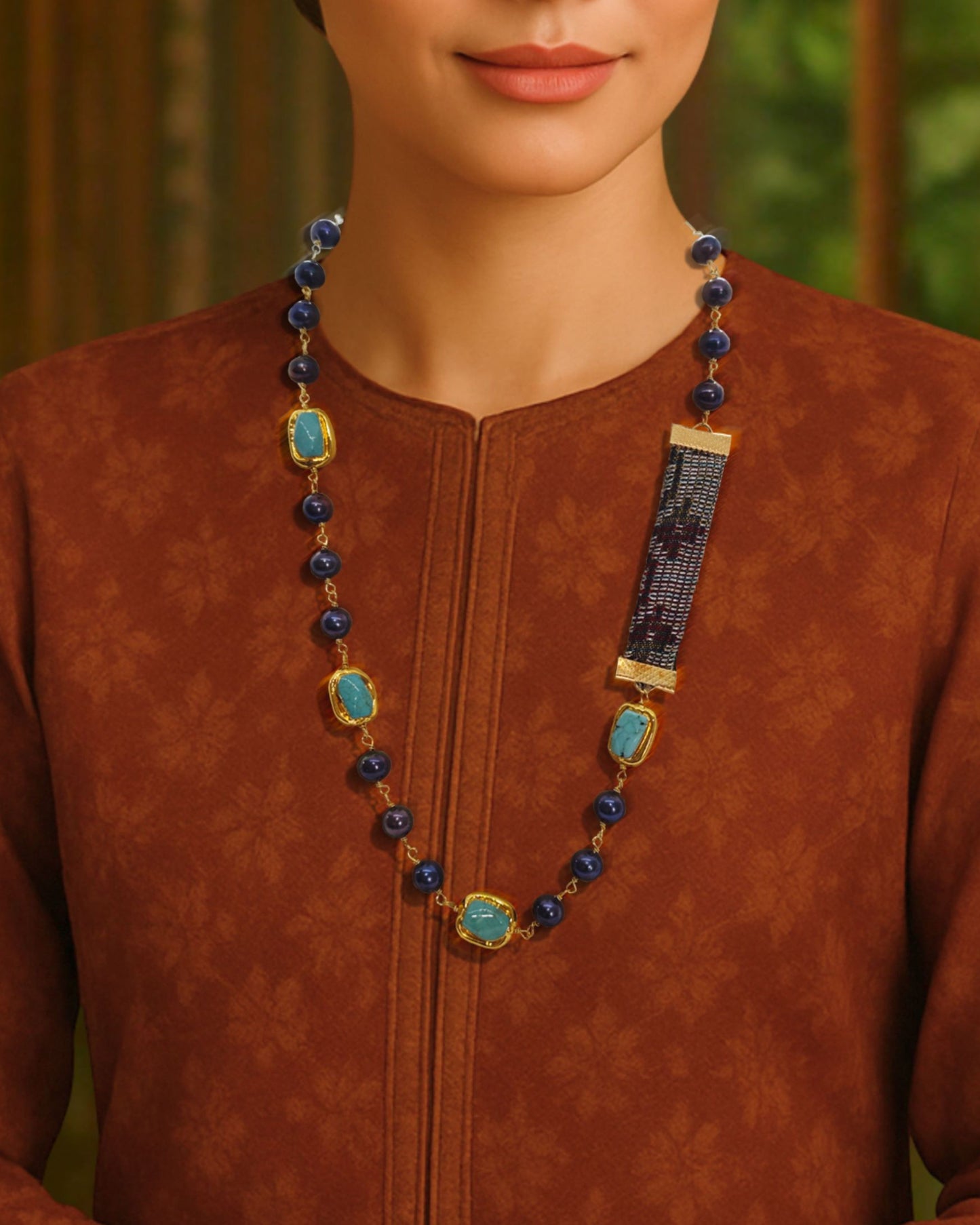Songket , Pearls & Turquoise Necklace