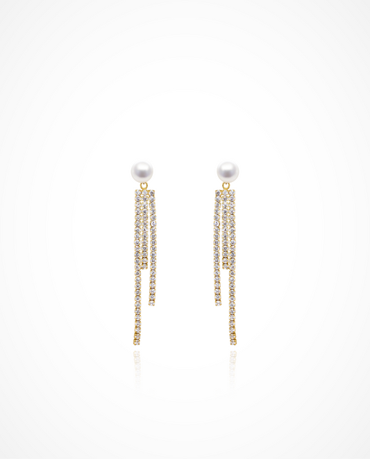 Silver Pearl Earrings with Cascading Crystal Strands