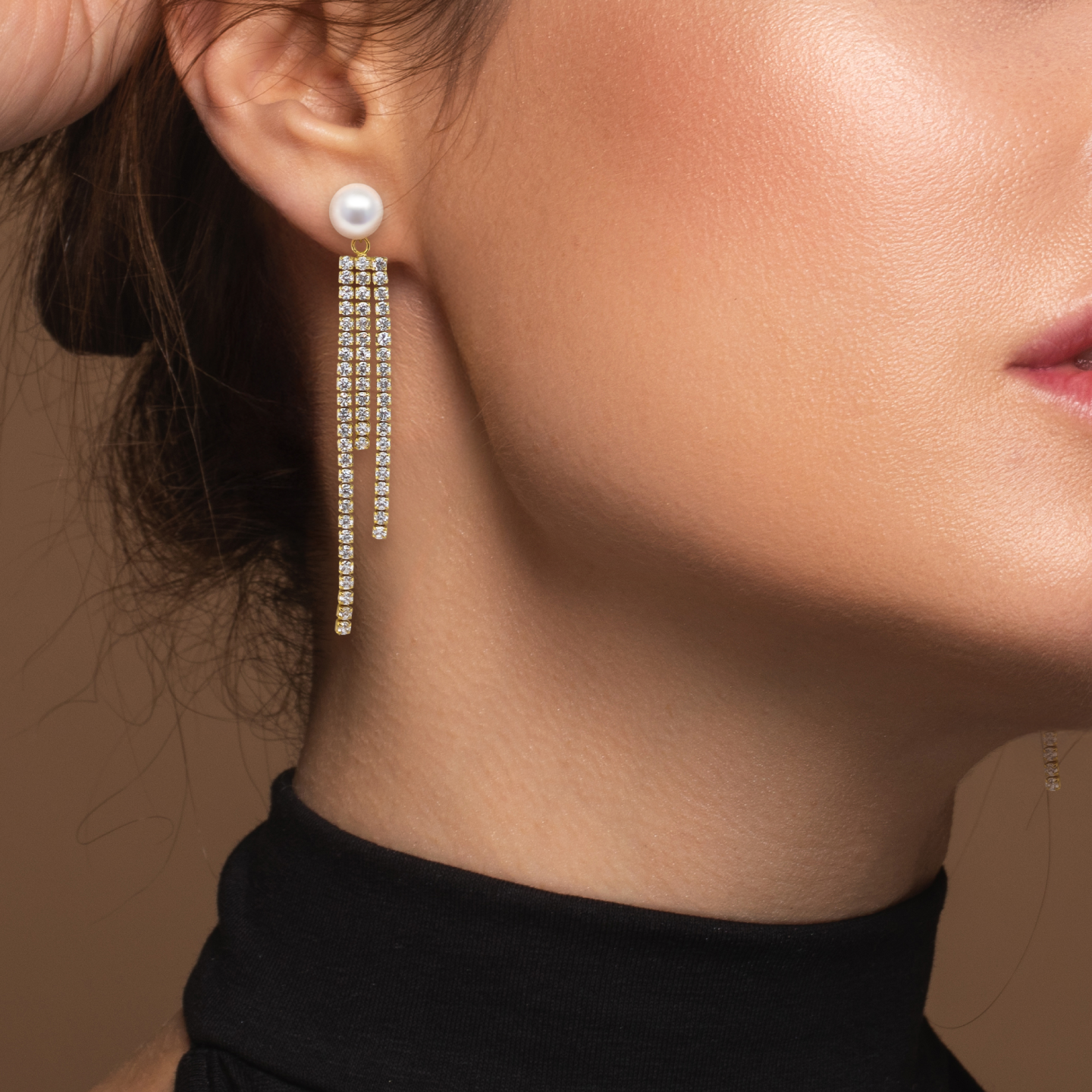 Silver Pearl Earrings with Cascading Crystal Strands