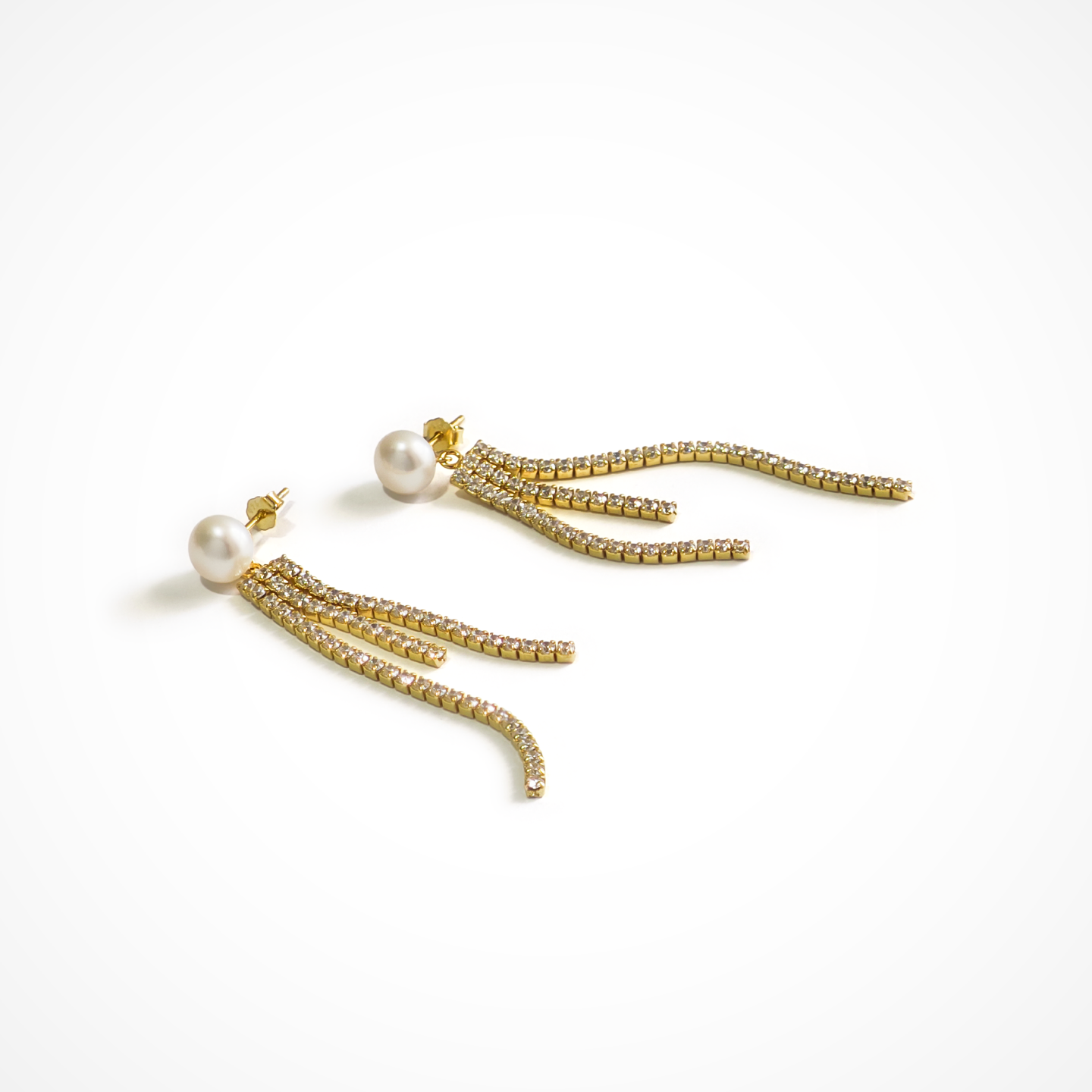 Silver Pearl Earrings with Cascading Crystal Strands