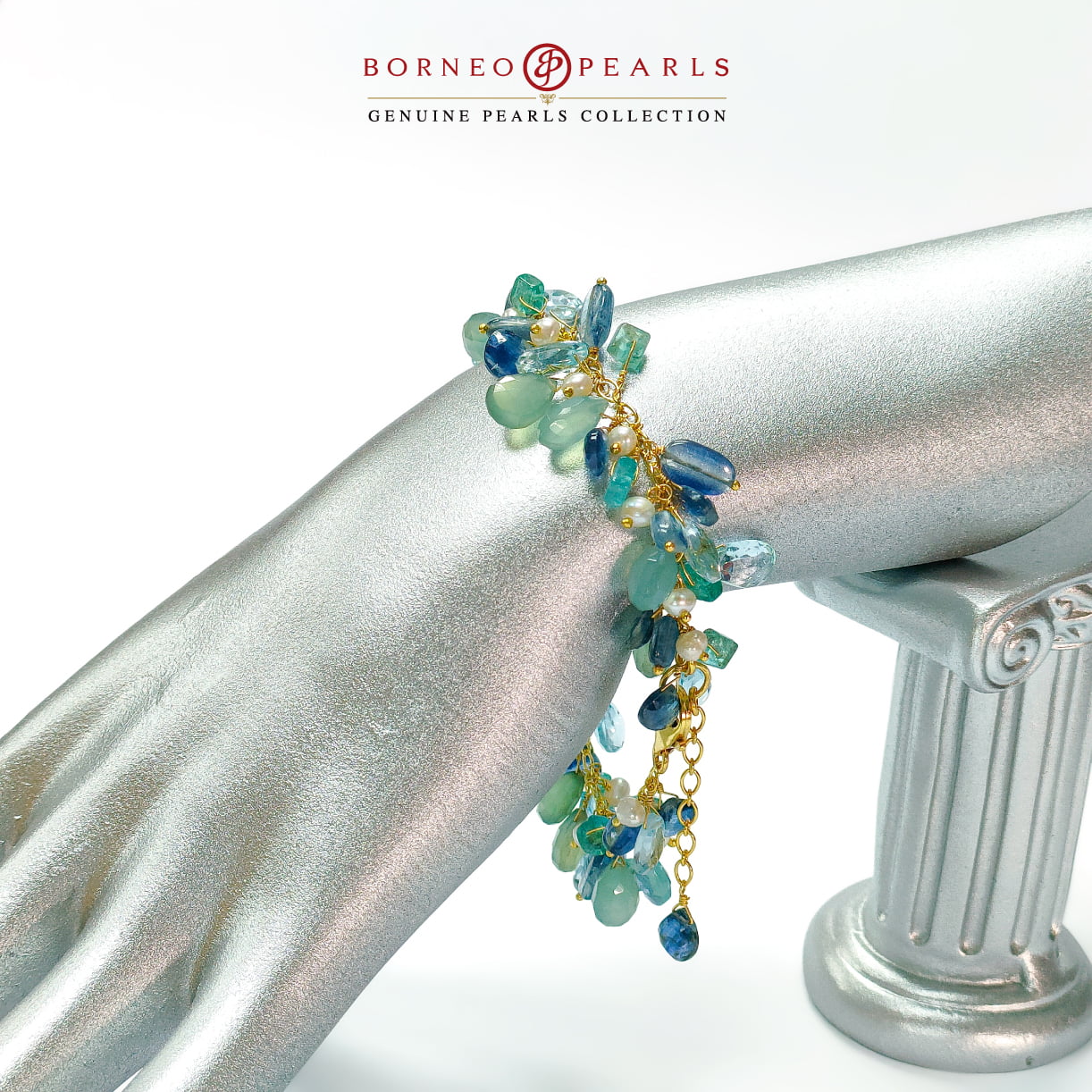 سوار من أحجار كريمة شبه كريمة لامعة من الكيانيت والتوباز الأزرق والعقيق الأخضر