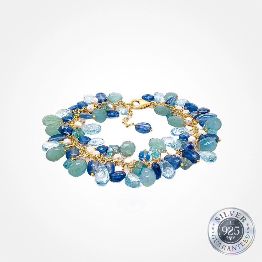 سوار من أحجار كريمة شبه كريمة لامعة من الكيانيت والتوباز الأزرق والعقيق الأخضر