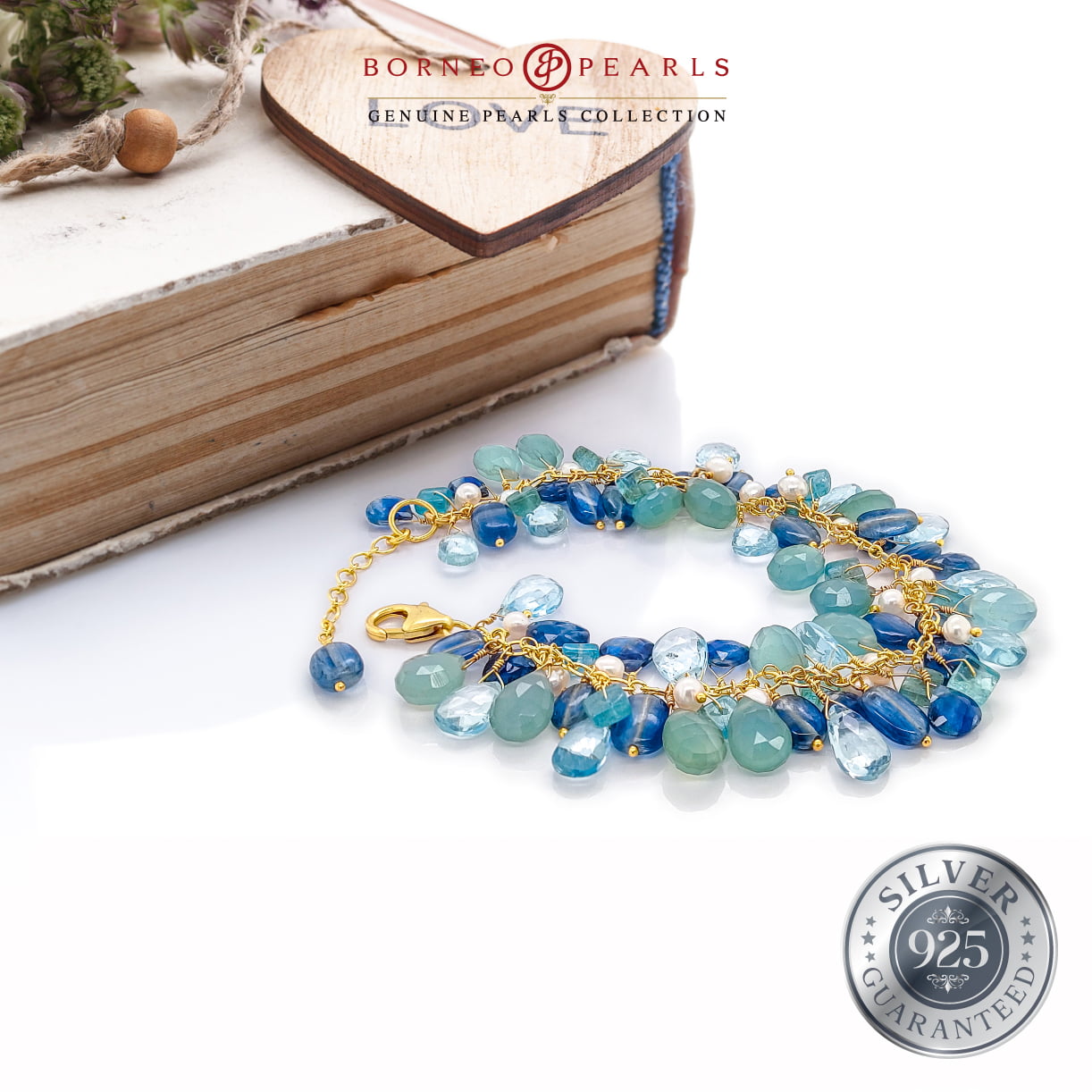 سوار من أحجار كريمة شبه كريمة لامعة من الكيانيت والتوباز الأزرق والعقيق الأخضر