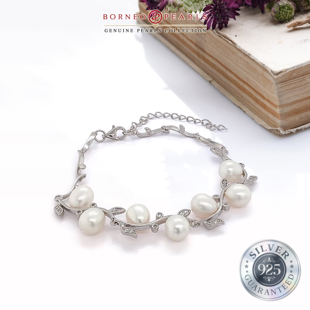 925 Silver Floral Elegance Pearl Bracelet