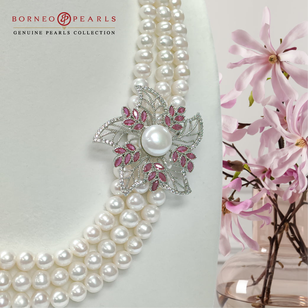 Three Strand Pearls with Flower Necklace