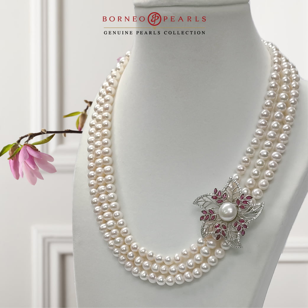 Three Strand Pearls with Flower Necklace