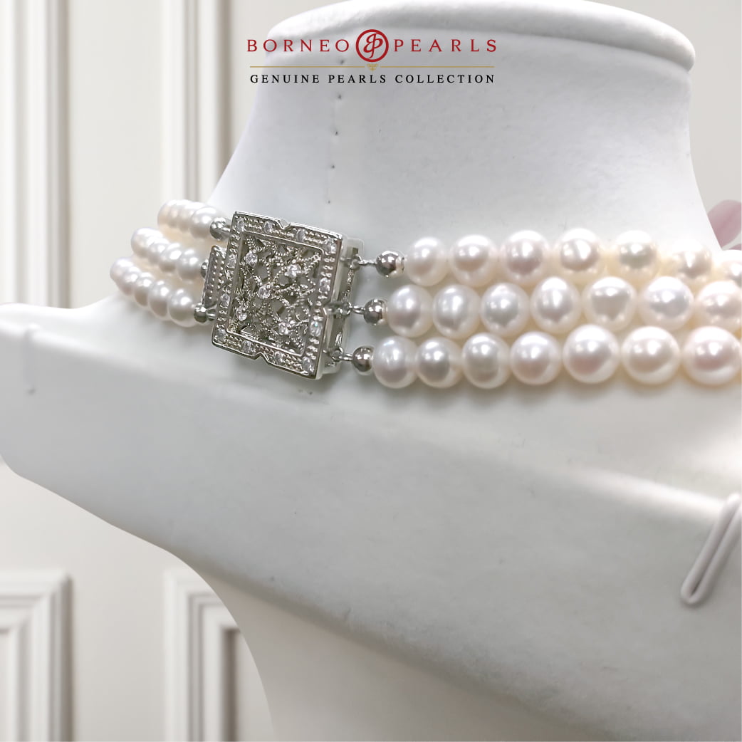 Three Strand Pearls with Flower Necklace