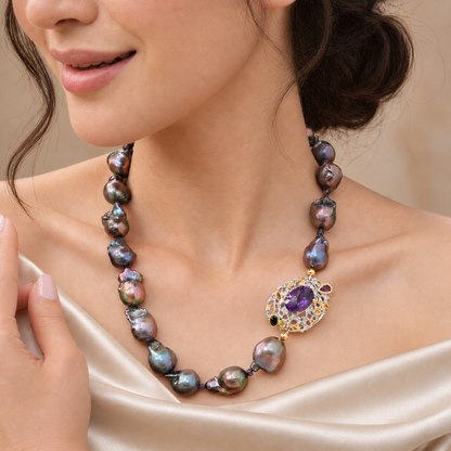 Black Baroque Pearl Necklace with Amethyst Pendant – 925 Silver