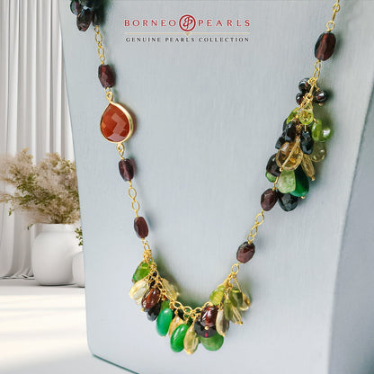 39" Carnelian, Garnet , Peridot , Emerald &  Calcite 925 Silver Necklace