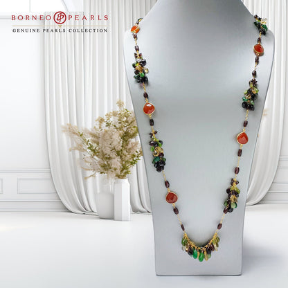 39" Carnelian, Garnet , Peridot , Emerald &  Calcite 925 Silver Necklace