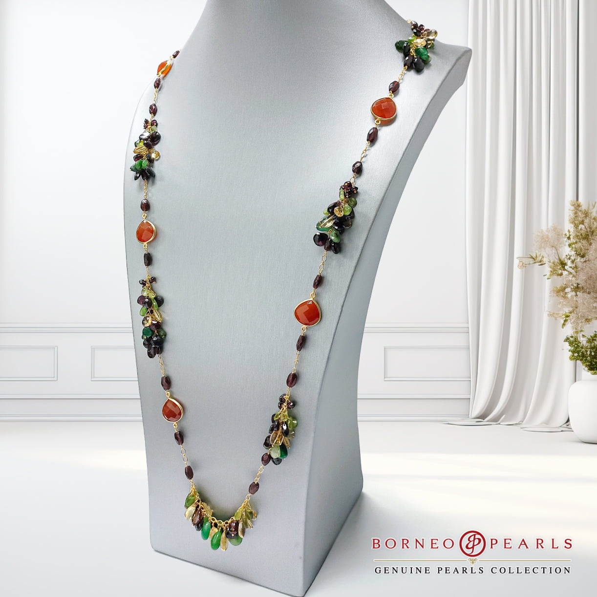 39" Carnelian, Garnet , Peridot , Emerald &  Calcite 925 Silver Necklace