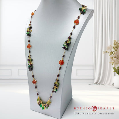 39" Carnelian, Garnet , Peridot , Emerald &  Calcite 925 Silver Necklace