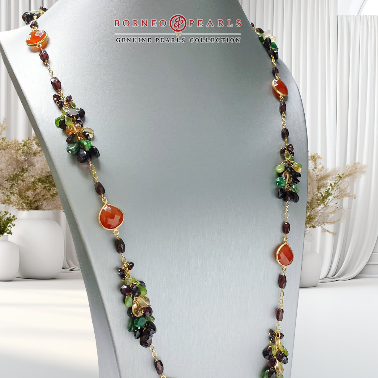 39" Carnelian, Garnet , Peridot , Emerald &  Calcite 925 Silver Necklace