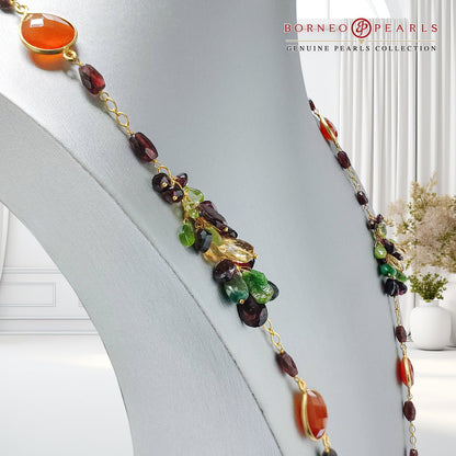 39" Carnelian, Garnet , Peridot , Emerald &  Calcite 925 Silver Necklace