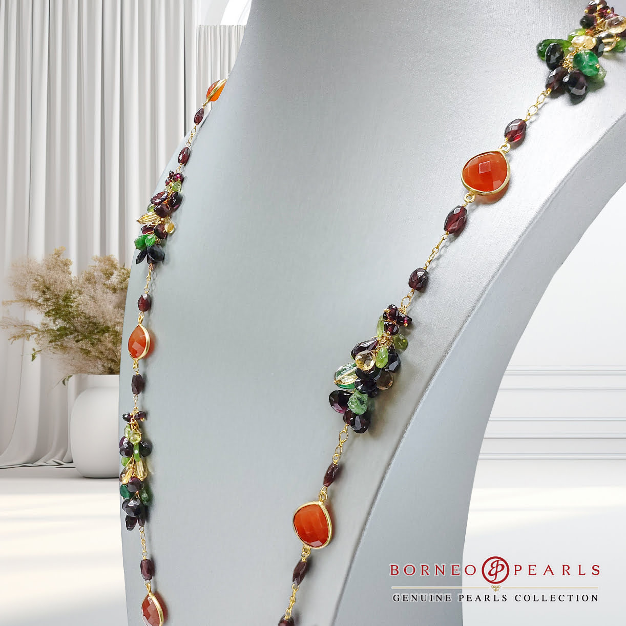 39" Carnelian, Garnet , Peridot , Emerald &  Calcite 925 Silver Necklace