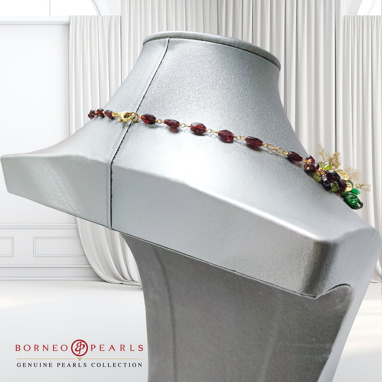 39" Carnelian, Garnet , Peridot , Emerald &  Calcite 925 Silver Necklace