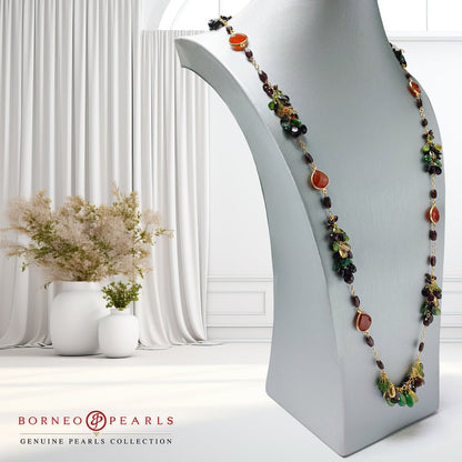 39" Carnelian, Garnet , Peridot , Emerald &  Calcite 925 Silver Necklace