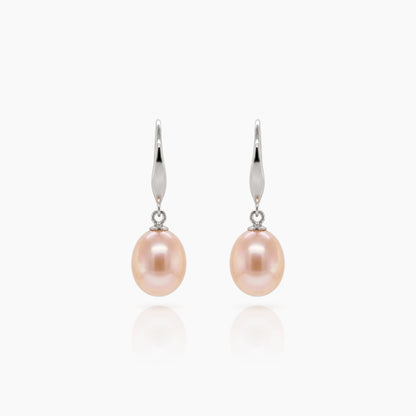 Classic Rice Pearl Drop Earrings 8–9mm with 925 Silver