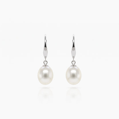 Classic Rice Pearl Drop Earrings 8–9mm with 925 Silver