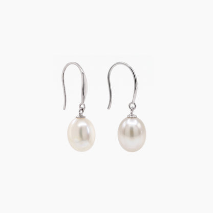Classic Rice Pearl Drop Earrings 8–9mm with 925 Silver