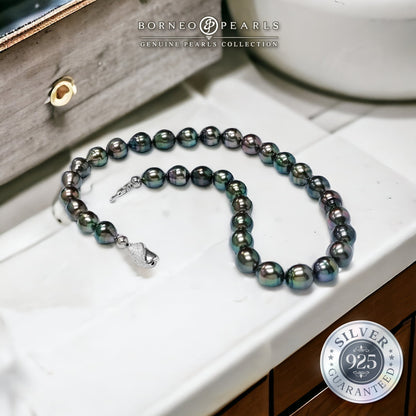 Tahitian Drop 10-12mm Black - Peacock Undertones Pearl Necklace in 925 Silver