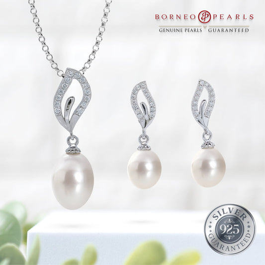 925 Silver Pearl Earring & Pendant Set - Minimalist