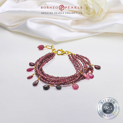 Crimson Harmony: Garnet 8-String Bracelet with Ruby in 925 Silver