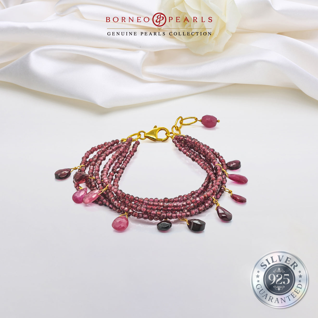 Crimson Harmony: Garnet 8-String Bracelet with Ruby in 925 Silver