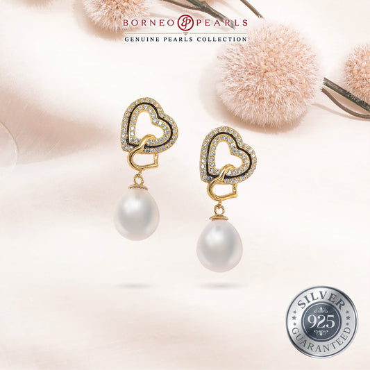 Double Heart Pearl Earrings 925 Silver