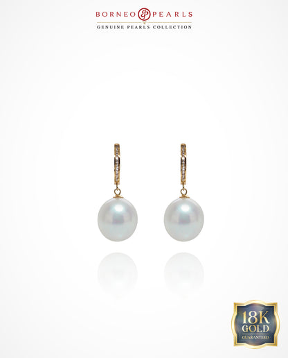 Diamond Halo 12-12.5mm Pearl Drops in 18k Gold