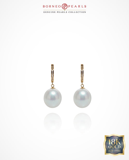 Diamond Halo 12-12.5mm Pearl Drops in 18k Gold