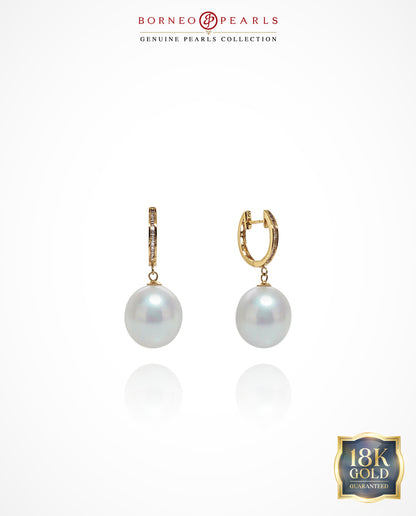 Diamond Halo 12-12.5mm Pearl Drops in 18k Gold