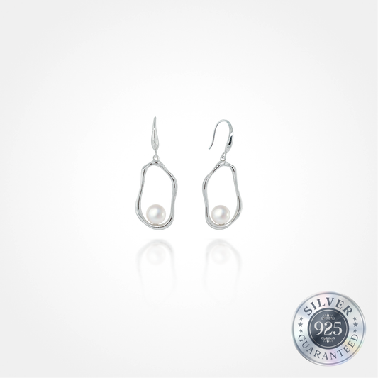 Curvy 925 Silver Round Pearl Earrings