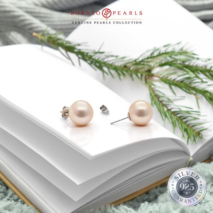 Elegance in Peach: 13-14mm Large Pearl Studs in 925 Silver