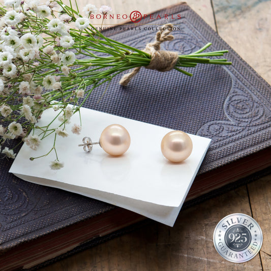 Elegance in Peach: 13-14mm Large Pearl Studs in 925 Silver