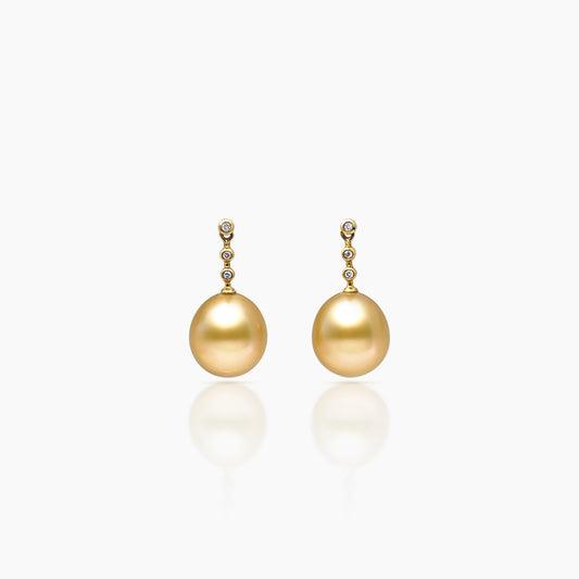 Golden South Sea Pearl & Diamond Drop Earrings – 18K Yellow Gold