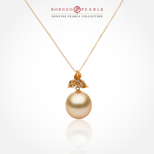 12-12.5mm Golden South Sea Pearl Pendant with Diamond in 18k Yellow Gold