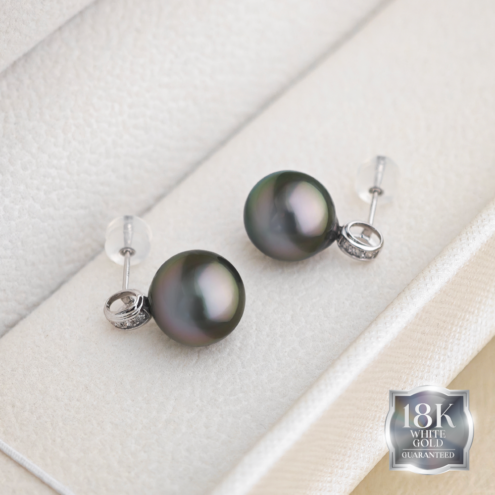 Cahaya Malam Tahitian Pearl & Diamond Stud Earrings in 18K White Gold