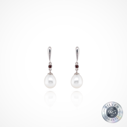 Pearl Drop & Garnet Earrings in 925 Silver
