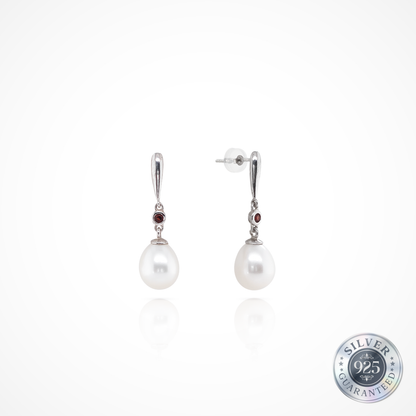 Pearl Drop & Garnet Earrings in 925 Silver