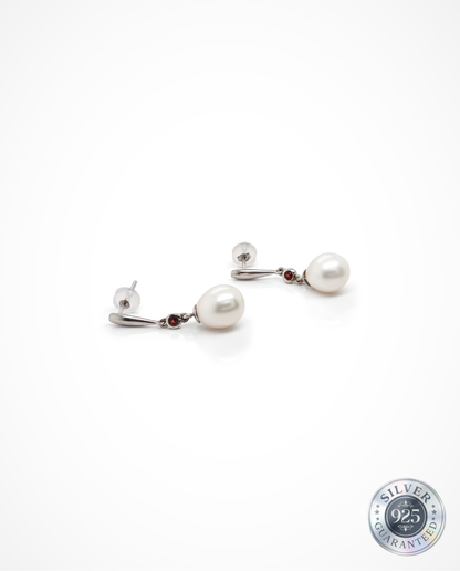 Pearl Drop & Garnet Earrings in 925 Silver