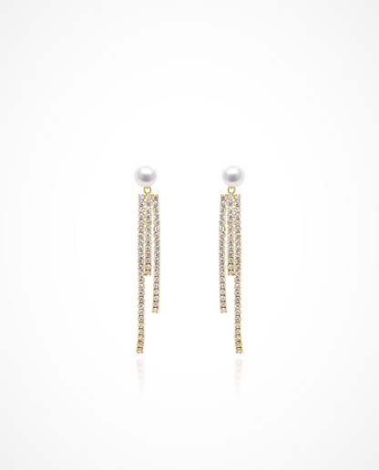Silver Pearl Earrings with Cascading Crystal Strands