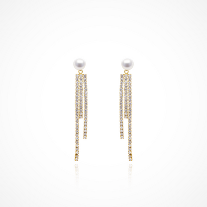 Silver Pearl Earrings with Cascading Crystal Strands