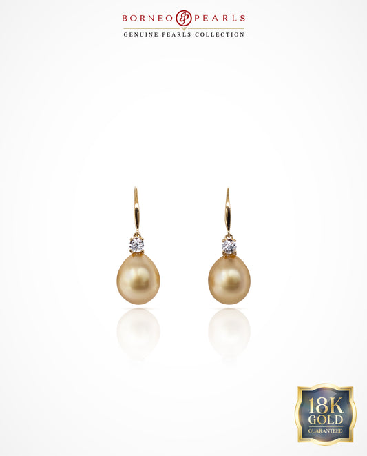 9-10mm Golden South Sea Drop & Diamond Earrings in 18k Gold