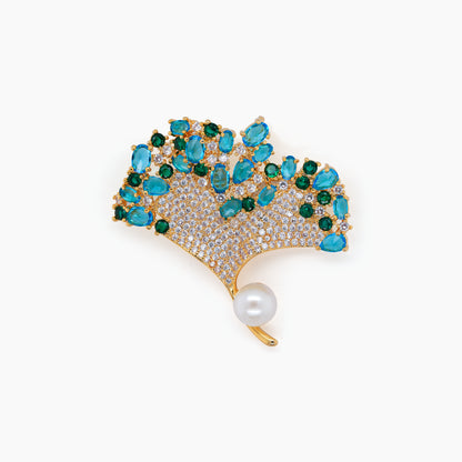 Crystal Fan Pearl Brooch