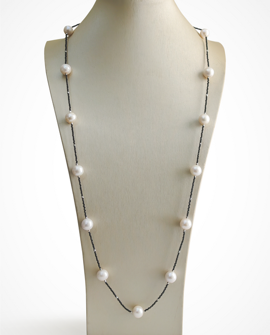 37" inch Round Pearl with Black Spinel Necklace