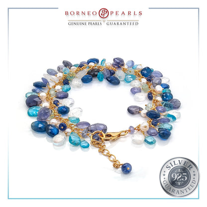 Sapphire With Apatite , Moonstone & Freshwater Pearl Bracelet in 925 Silver