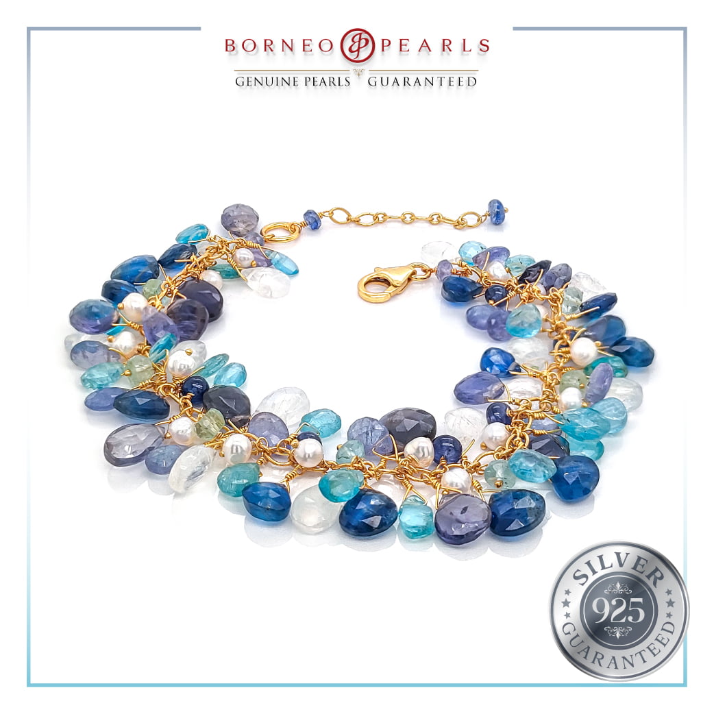 Sapphire With Apatite , Moonstone & Freshwater Pearl Bracelet in 925 Silver