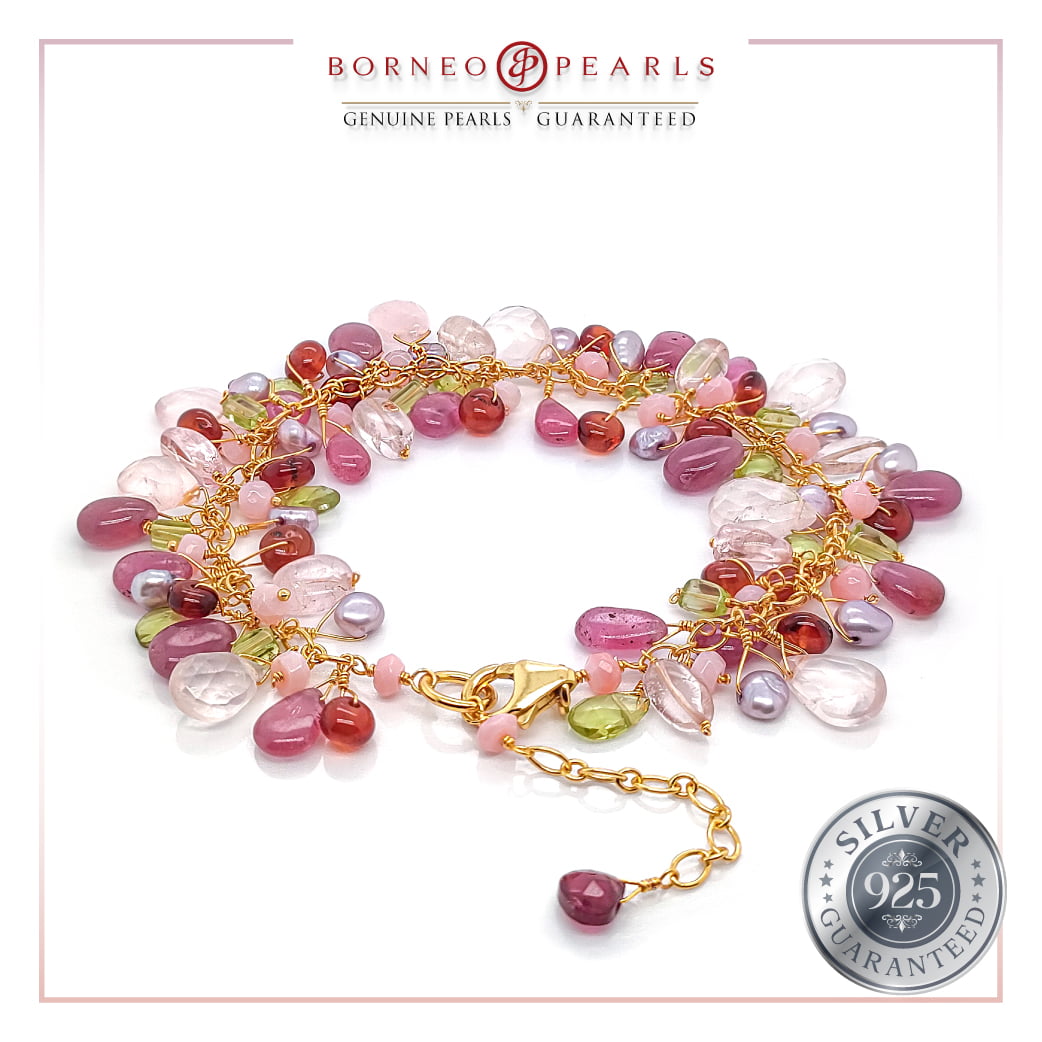 Ruby ,Rose Quartz Garnet Peridot and Baroque Pearl in 925 Silver Bracelet